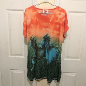 Ameri Mode Orange Blouse Horses Large/XLarge.